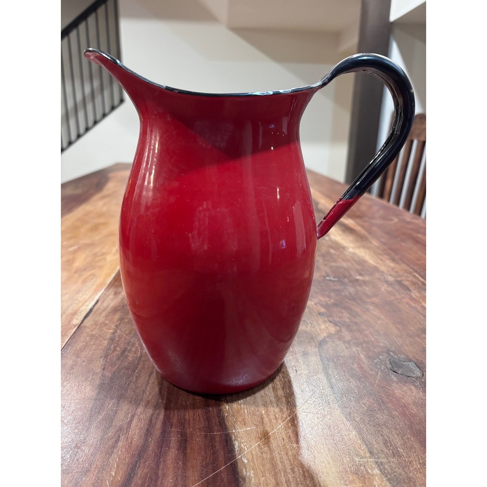Vintage red enamelware pitcher with black trim farmhouse kitchen decor 9 inch